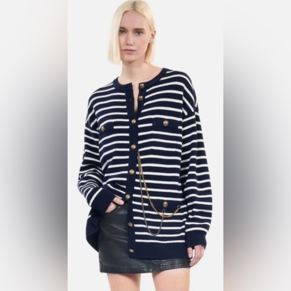 The Kooples Striped Wool Cardigan Sweater Gold Button M Chain Detail Navy